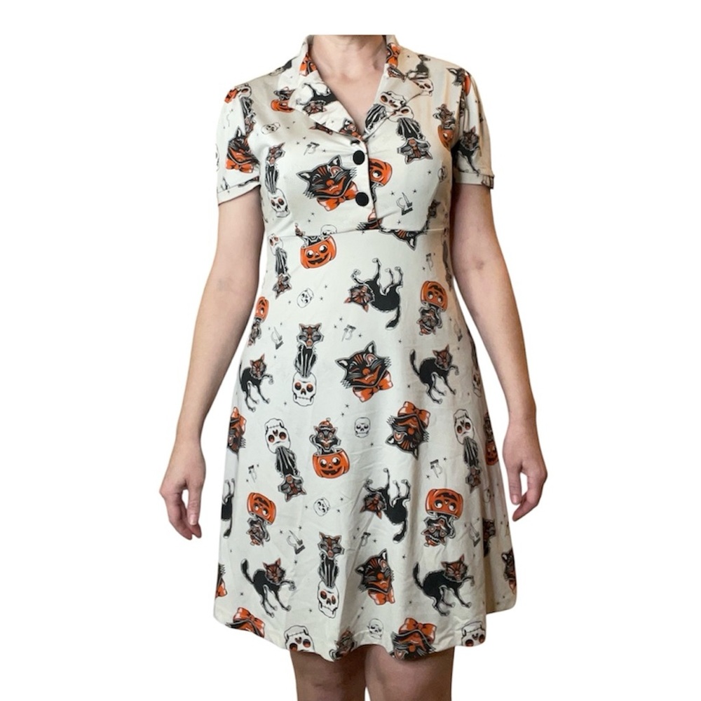 Sourpuss Black Cat Rosie Dress Cream Button Dress Goth Halloween Rockabilly Med - Picture 4 of 14